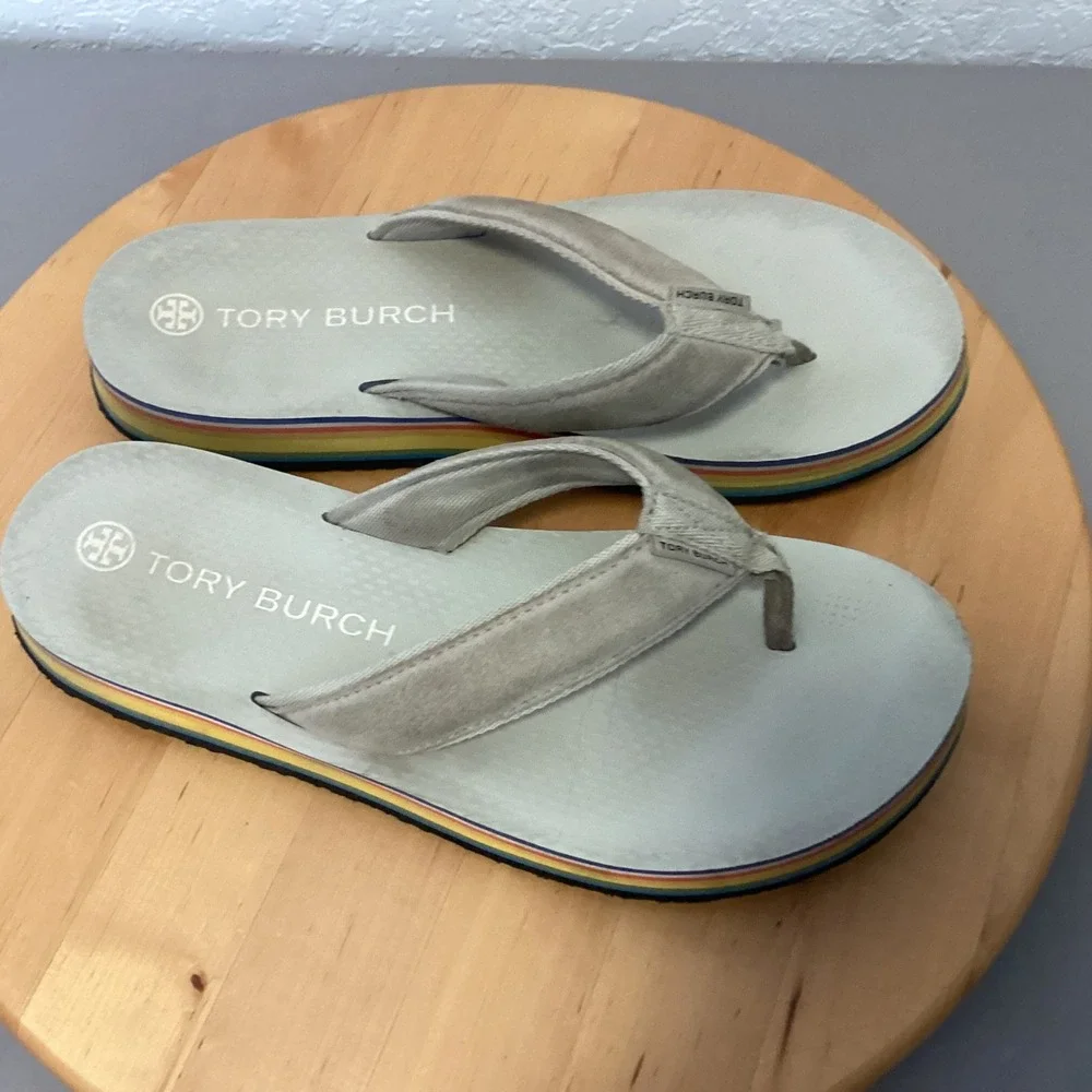 Tory Burch 70s Low Platform Flip‎ Flops Womens 10 Tan Rainbow Stripe S Flatform